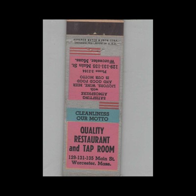 Matchbook Cover 1930s Advance Match Quality Restaurant and Tap Room Worcester MA