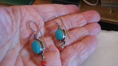 NICE STERLING SILVER TURQUOISE & CORAL PIERCED EARRINGS