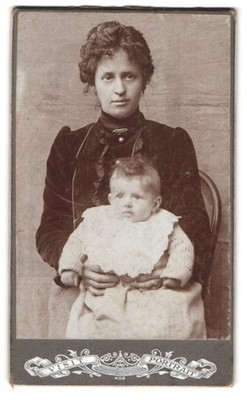 Photograph Woman in Velvet Dress with Her Child in Arms, Mother Happiness 