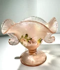 Fenton Pink Sunset Stretch Bowl compote dolphins handles signed G Fenton & Artis