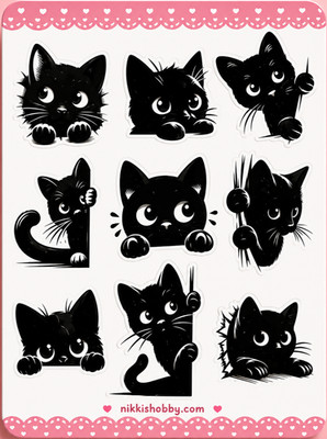 Cute Black Cat Sticker Sheet | Kawaii Peek Cat Vinyl Planner Stickers
