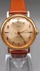 Vintage 1960s Timex Waterproof Gold Tone Silver Dial Leather Strap Men's Working