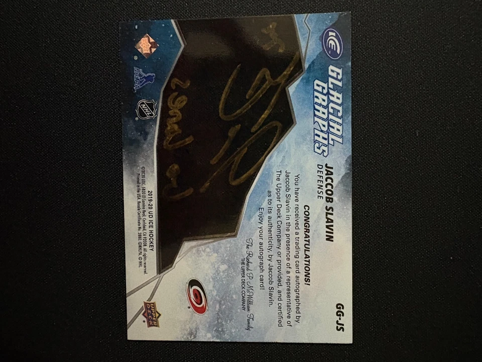 Upper deck ICE 21/22 Glacial Graphs Jaccob Slavin #/50 inscribed 19-20 update - Image 2 of 3