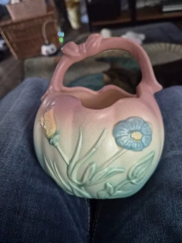 Hull Art Pottery Floral Decorative Basket Pink Blue Green Matte 825-6 1/2 USA