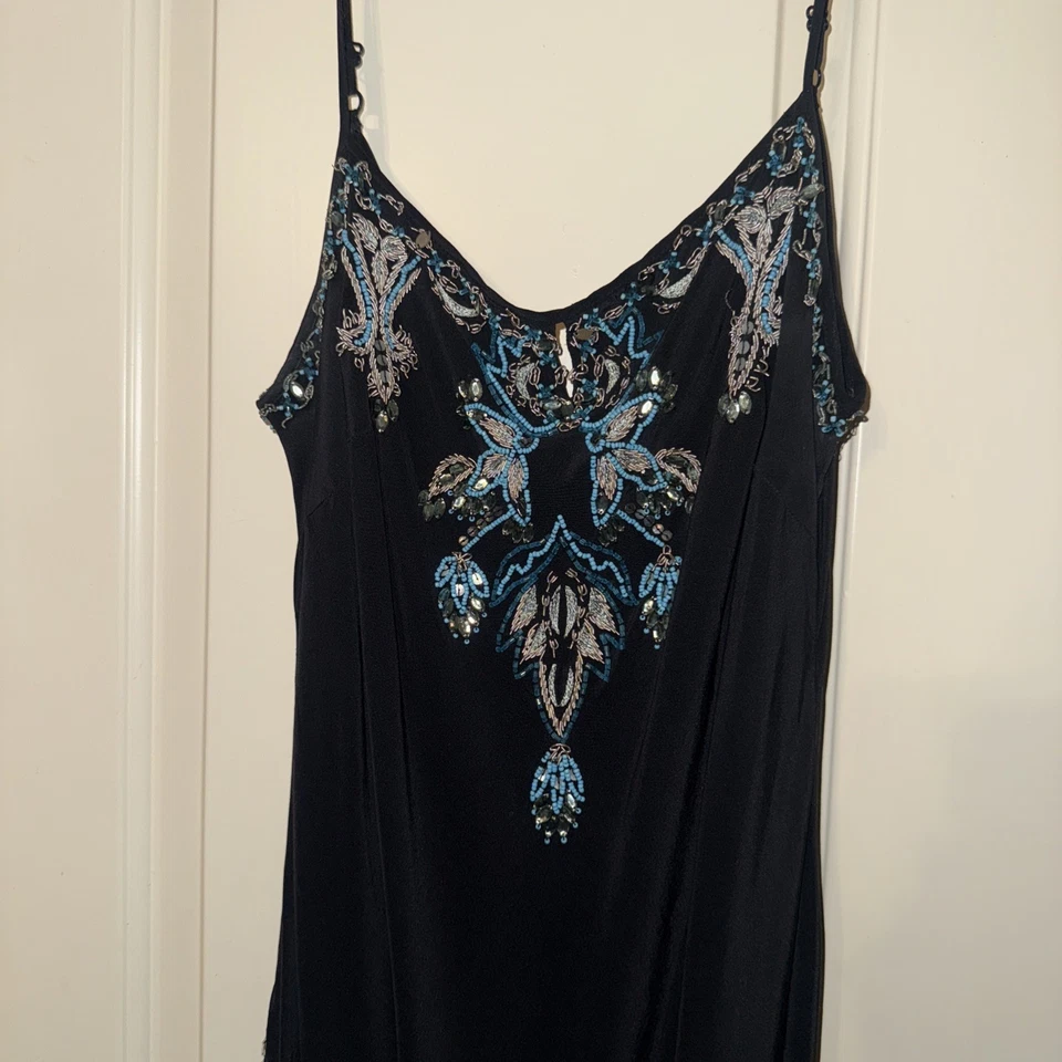 Vestido Sue Wong Hada Mujer 8 Negro Y2K Seda Floral Azul Cuentas Cabricho Foto 2 de 4