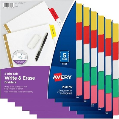 Big Tab Write/Erase Paper Dividers 5 Tab Multicolor Not Printer Compatible 10EA