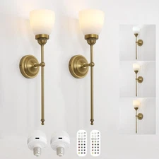 Vintage Rechargeable Battery Powered Wall Sconces Set of 2, Funnel Flared Gla...