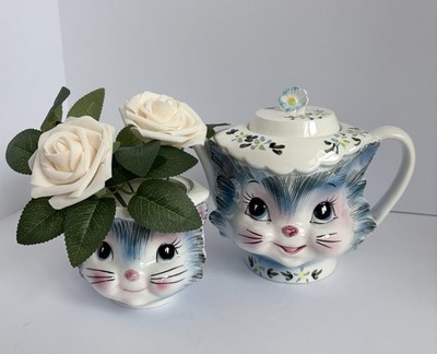 vintage cat teapot miss priss レトロ ヴィンテージ Vintage 50s Lefton Miss Priss Blue Kitty Cat Tea Pot & Sugar Bowl