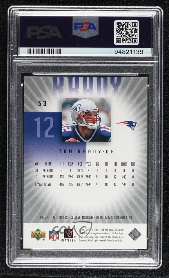 2002 Upper Deck Graded Tom Brady #53 PSA 9 MINT - Image 2 of 2