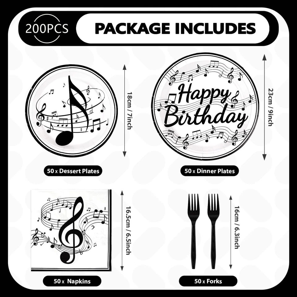 200 Piezas Música Cumpleaños Fiesta Suministros Música Notas Platos Servilletas Desechables mu... Foto 2 de 4