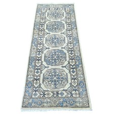 2'5"x6'1" Ivory Hand Knotted Afghan Ersari Elephant Feet Design Wool Runner Rug