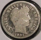 Silver Dime - Barber - 1901 (Worn.  Spotty tarnish.) [607]