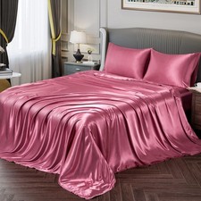 Vonty King Size Satin Sheets Set, Silky Soft, Deep Pocket, Light Wine Red