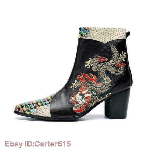 Men Embroidery Block Heel Zip Leather Ankle Boots Casual Party Punk Knight Shoes - Picture 9 of 26