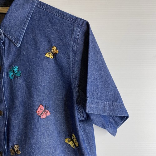 Vintage Passports Top Blouse Shirt Women L Blue Denim Butterflies Boxy 80s 90s - Picture 10 of 21