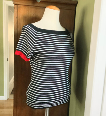 French style short sleeve striped chic top stretchy M women white black red hot