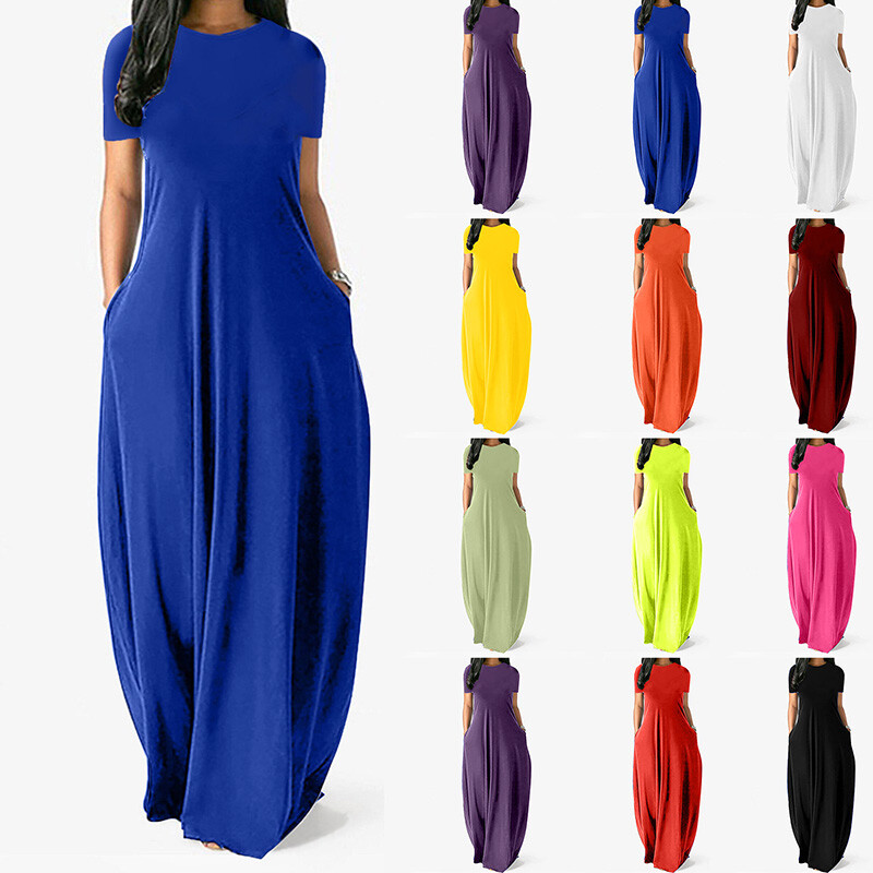 Womens Casual Short Sleeve O Neck Maxi Dress Pocket Solid Long