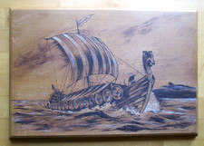 Dekoratives Gemälde: Drachenboot mit Wikingern auf dickem Brett, 60 x 41,5 cm