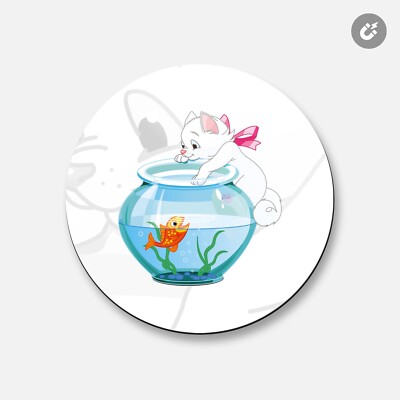 Kitten And Fish Animal | 4'' X 4'' Round Decorative Magnet