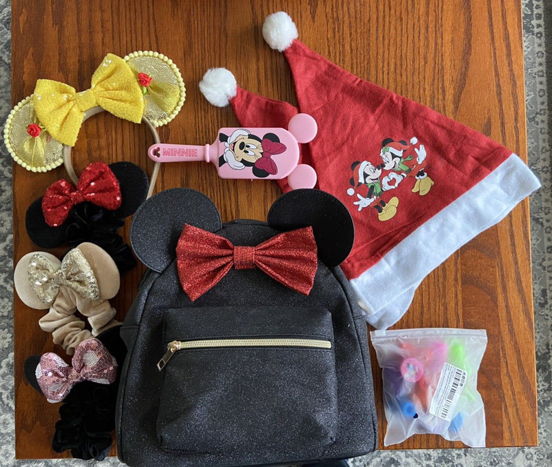 Disney lot of 9 Items Backpack, Brush, Scrunchies, Headband, X-Mas Hats,Stamps