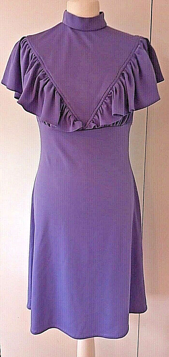 VINTAGE 70s PURPLE SLINKY SILKY JERSEY DISCO DRESS HUGE FRILL