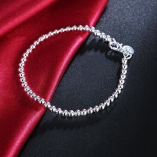 Womens 925 Sterling Silver 4mm Beads Ball String Chain Fashion Bracelet B601