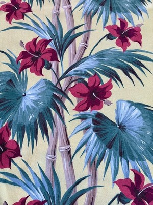 GLAM TROPICS Baroque Bamboo & Hibiscus on Creamy Yellow Barkcloth Vintage Fabric