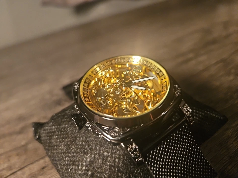 Reloj Esqueleto Automático Mecánico Dorado Unisex Esfera Negra Números Romanos Nuevo Foto 4 de 4