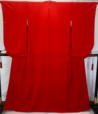 Japanese Vintage Kimono Polyester Red Furisode Traditional Authentic Length64in