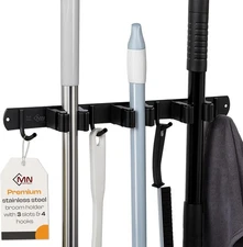Heavy-Duty Stainless-Steel Broom Holder Wall Mount with 3 Racks and 4 Hooks | Wa