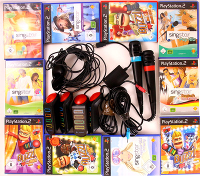 Playstation 2 PS2 Zubehörpaket BUZZ Buzzer Singstar Mikrofone Adapter + 2 Spiele