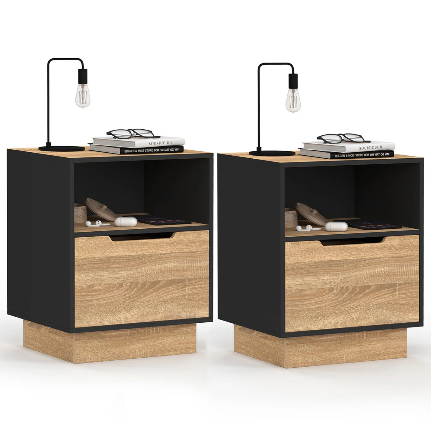 Table de chevet OXANA lot de 2 meuble de rangement de lit style industriel bois hêtre noir
