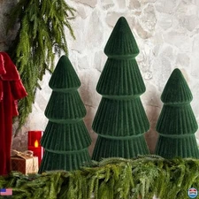 Set of 3 Velvet Ceramic Christmas Trees - Modern Cone Table Decor Green
