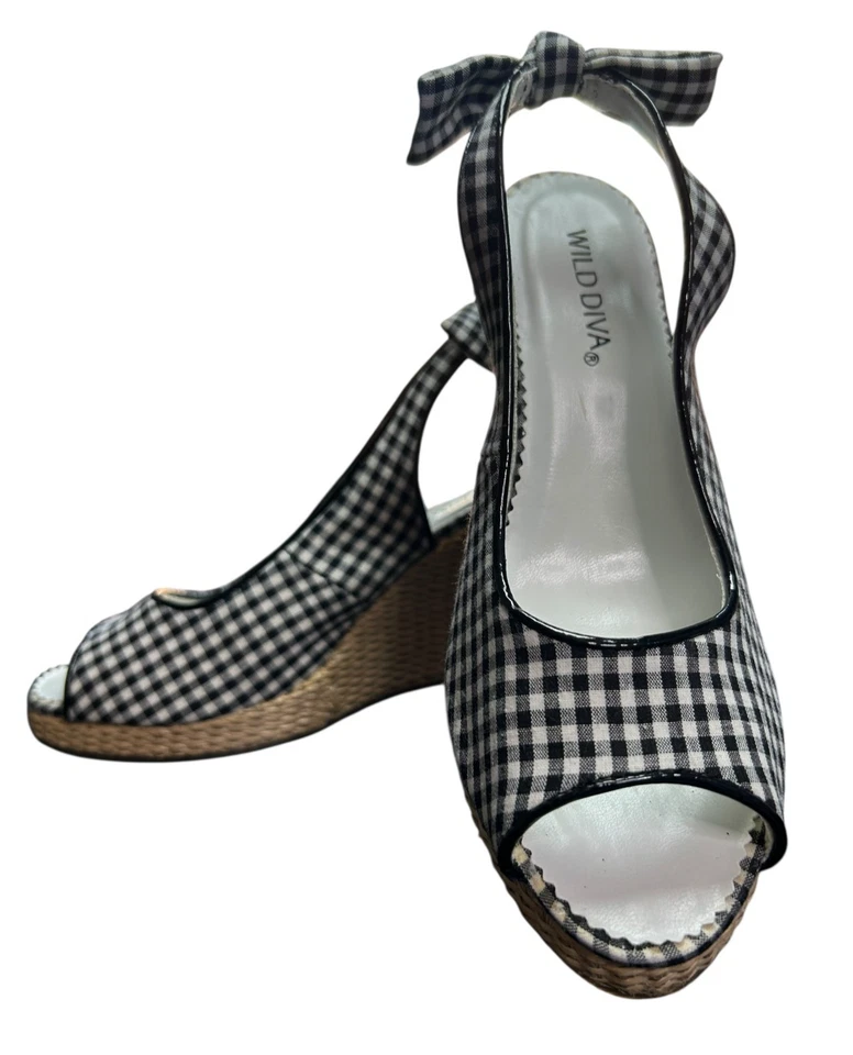 Alpargatas de cuña Wild Diva sin cordones punta abierta para mujer talla 6 azul blanco a cuadros nuevas con etiquetas Foto 4 de 4