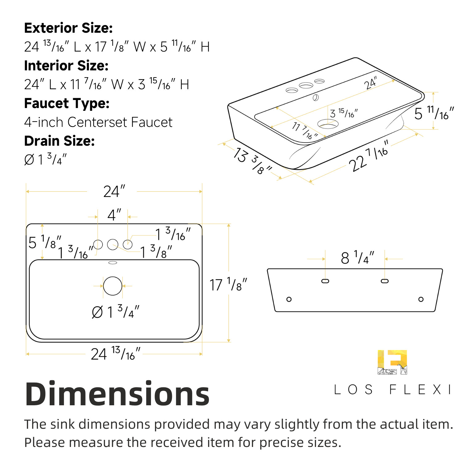 24" Matte Black Wall Mount Bathroom Sink 4" Centerset with Overflow & 3 Holes