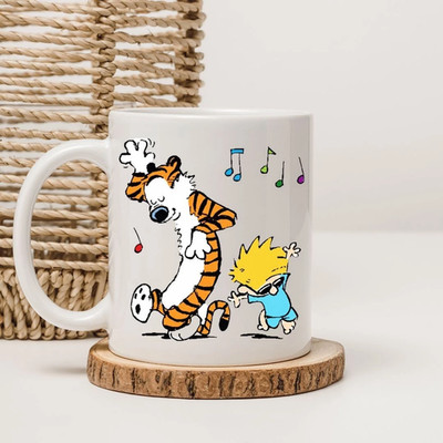 Funny Calvin and Hobbes Dancing Mug, Comic Strip Tiger and Boy Coffee 11oz Cup