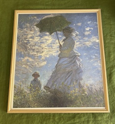 Claude Monet Frau mit Sonnenschirm großer gerahmter Druck 18x21'' Vintage Goldrahmen