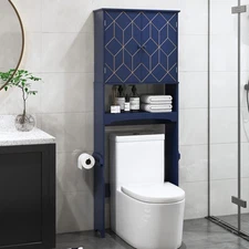 Over The Toilet Storage Cabinet with Gold Trim for Bathroom Organizer Blue