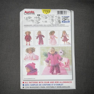 BURDA 7753 DOLLS CLOTHES Sewing Pattern  29cm 12''-14''  16''-18'' Doll  Skill: EASY