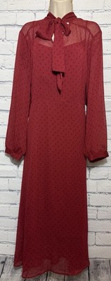 EVRI Women's PLUS SIZE 3X Sheer Overlay RED MIDI DRESS Black DOT PRINT Tie Neck