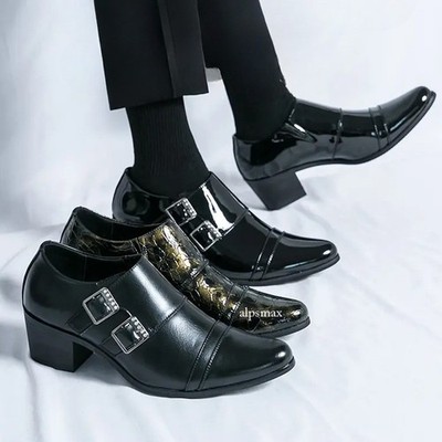 38-46 Plus Size Mens Pointed Toe Buckle Cuban Heel Nightclub Wedding Dress Shoes
