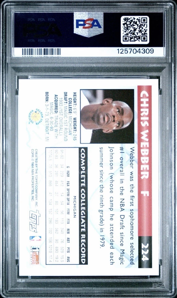 1993-94 年 Topps - Chris Webber #224 (RC) — 第 2/2 张图片
