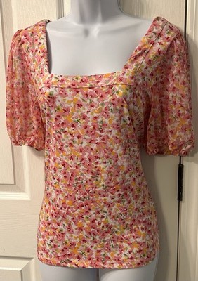 Vibrant Pink Floral Sheer Sleeve Summer Pinup Top Medium Whimsy Square Neck 60s 