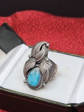 Vintage Southwest NAVAJO Artisan SIGNED Sterling Silver Turquoise Ring Size 6.6