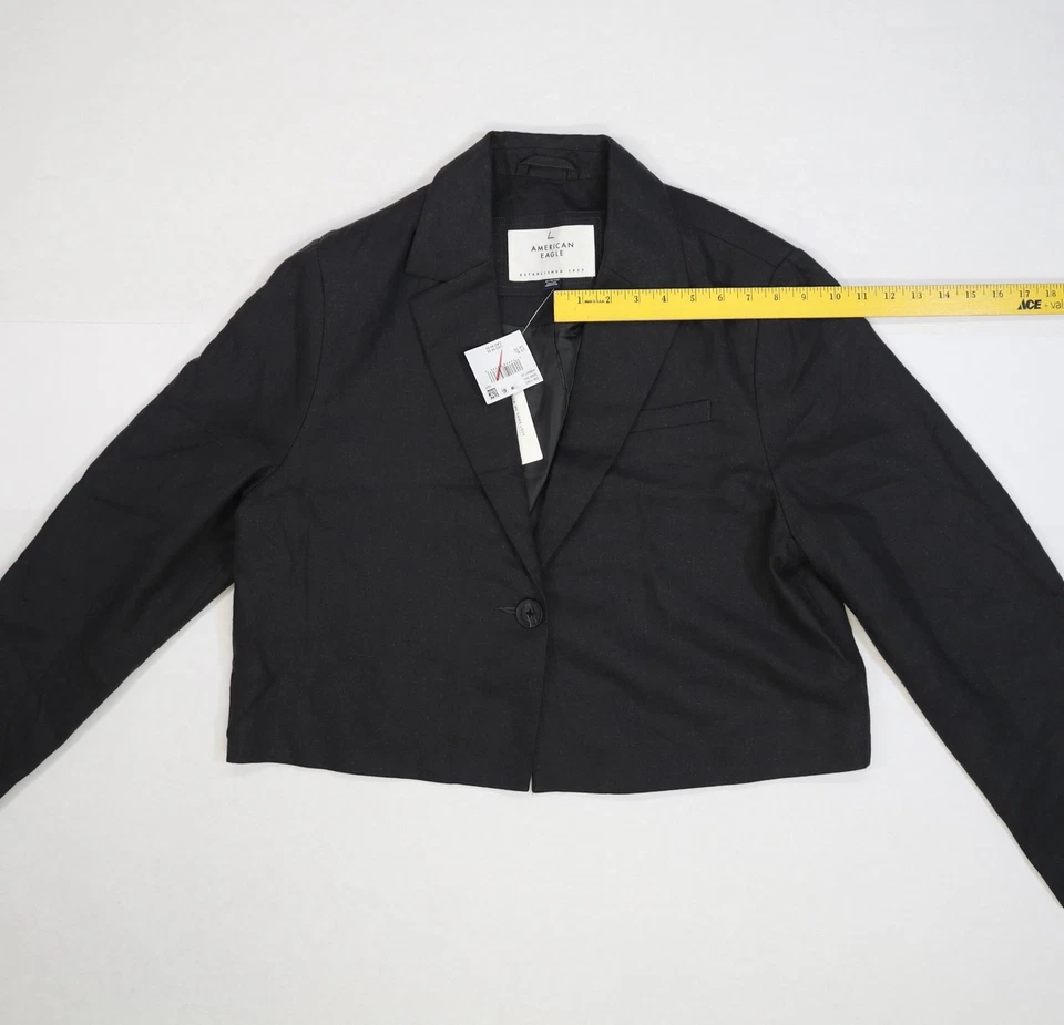Blazer American Eagle para mujer XL negro mezcla de lino recortado botón único cuadrado Foto 3 de 4
