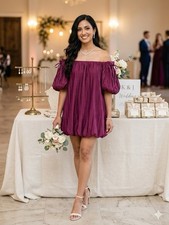 Express Purple Pleated Off-Shoulder Puff Sleeve Short Dress XS