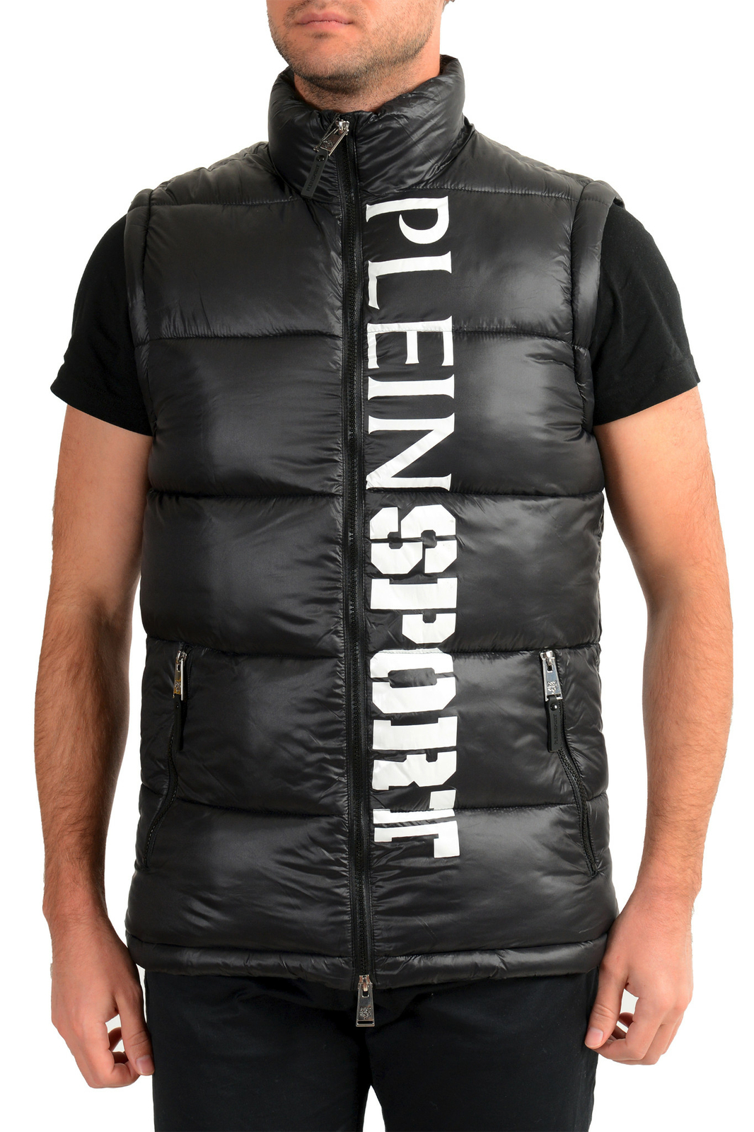 Plein Sport Men's Black Logo Print Zip Up Parka Vest With Detachable Sleeves