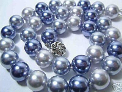 Pretty Blue Silver Gray South Sea Shell Pearl Beaded Necklace - 8/10/12mm Round Beads