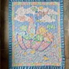 Vintage 90s Handmade Blue Baby Quilt Nautical Reversible Umbrella Animals Ahoy