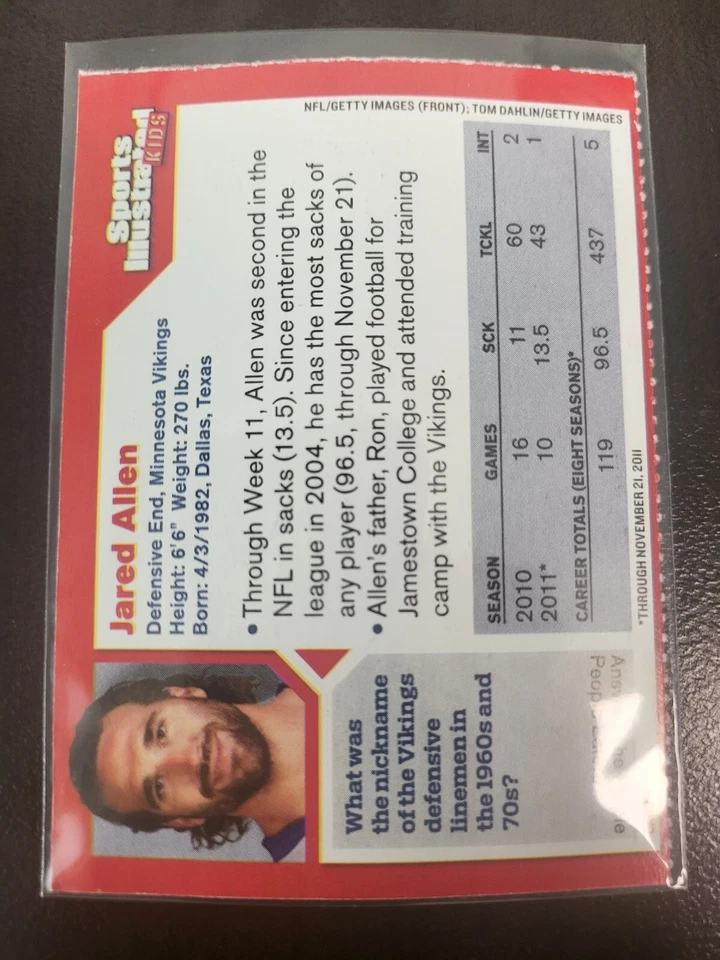 2012 Sports Illustrated Si for Kids football Jared Allen #108 - Image 2 of 2